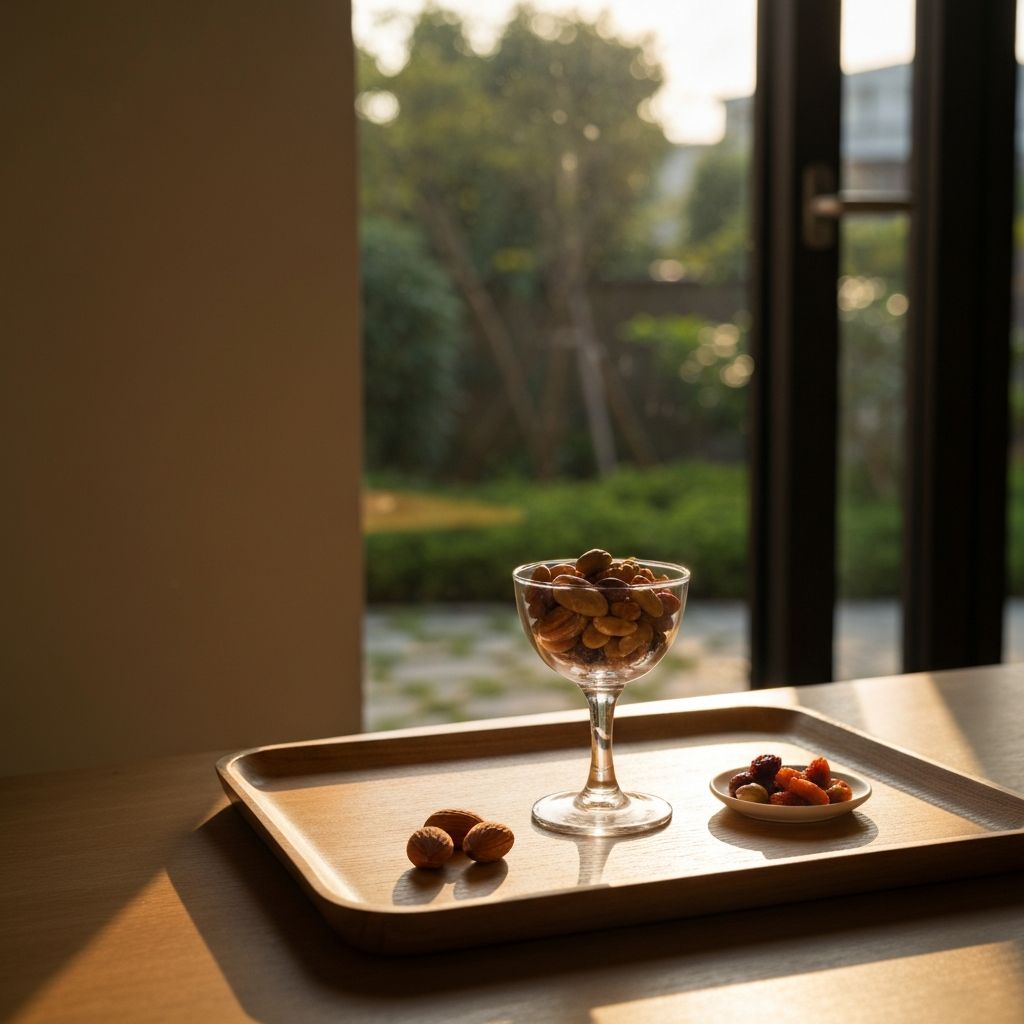 Чај са орахима и суво воће на дрвеном подносу у сунчевој светлости