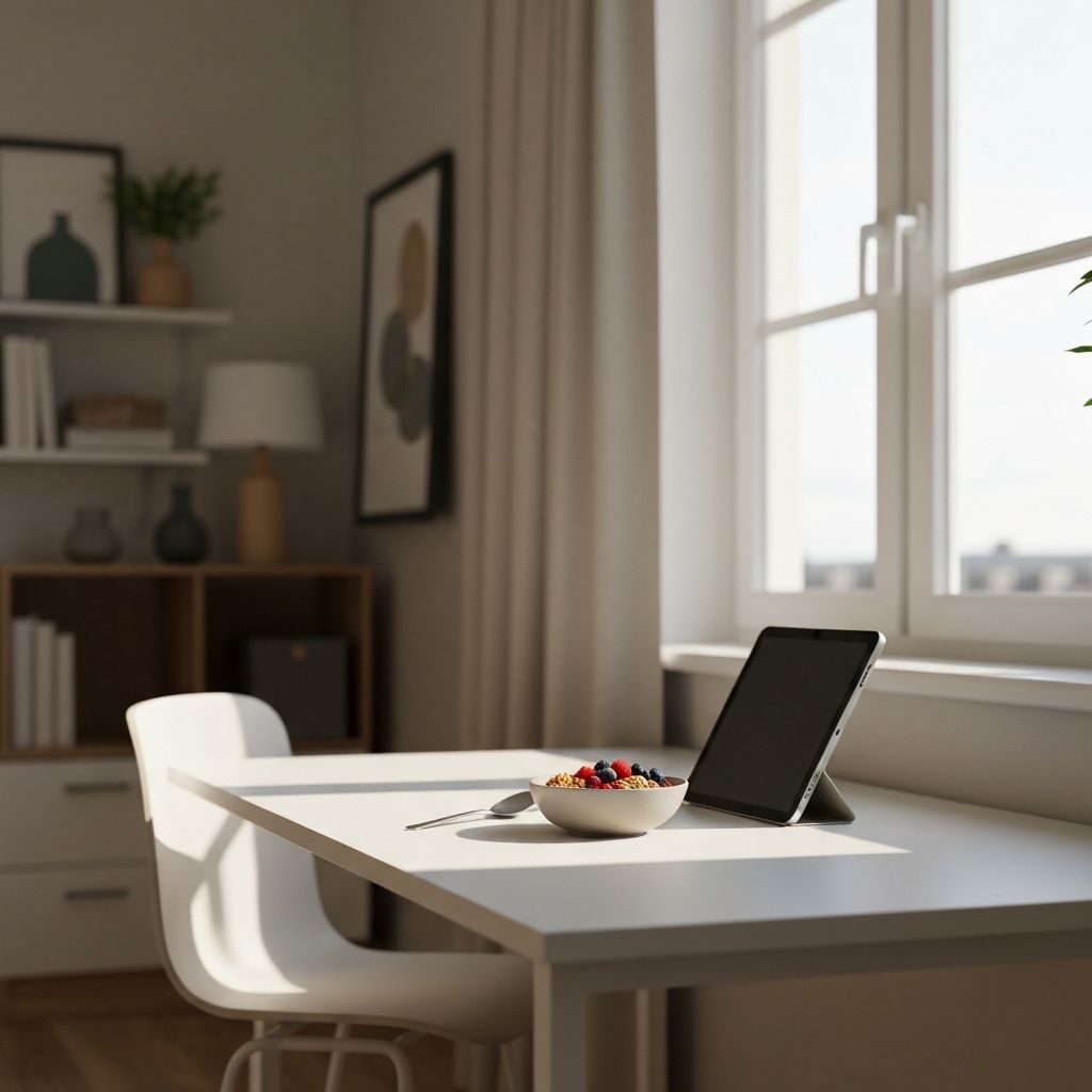 Модеран радни простор са доручком и таблетом поред великог прозора са природном светлошћу