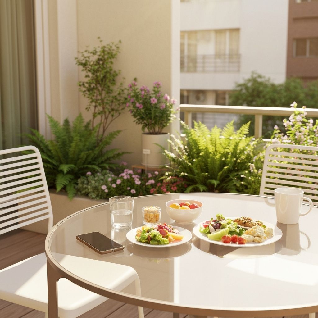 Мирна пауза на терози са обедом на стакленом столу без мобилног телефона